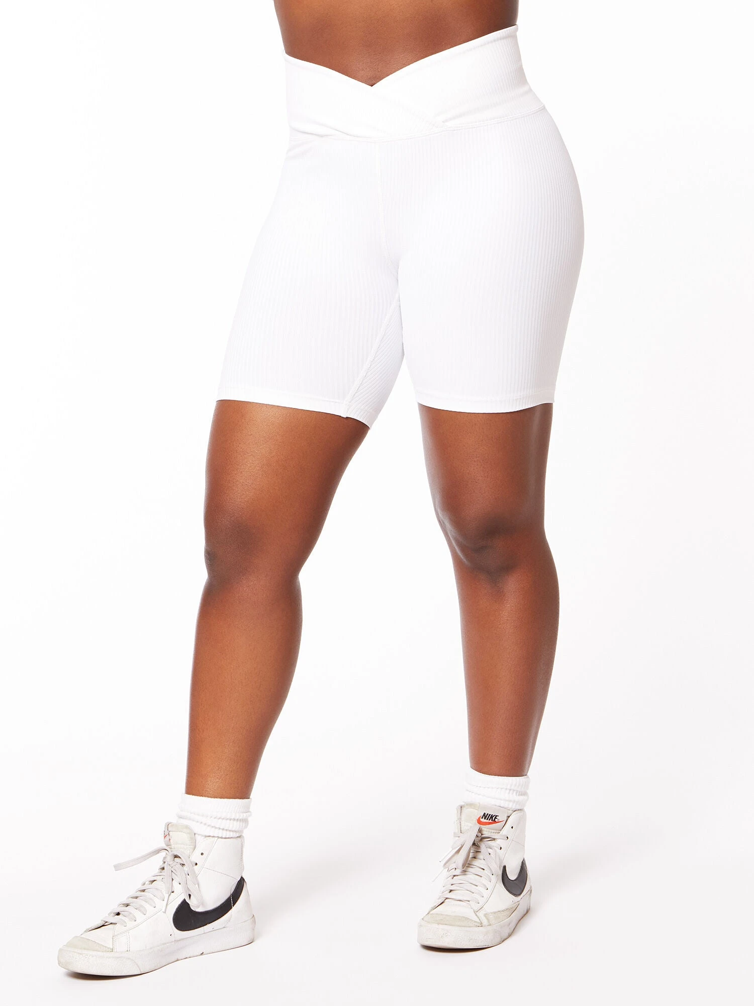 Ribbed V Waist Biker Short White